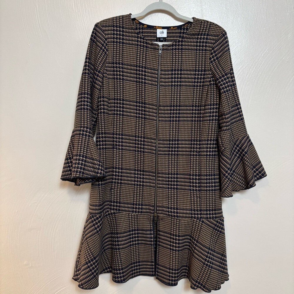 Cabi Women's Flounce Jacket 3902 Tartan Plaid Zip Front Brown Navy‎ Size Small